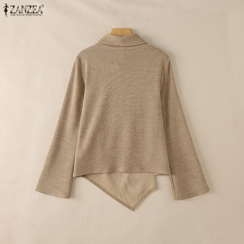 ZANZEA Women Casual Turtleneck Long Sleeve Irregular Hem Blouse