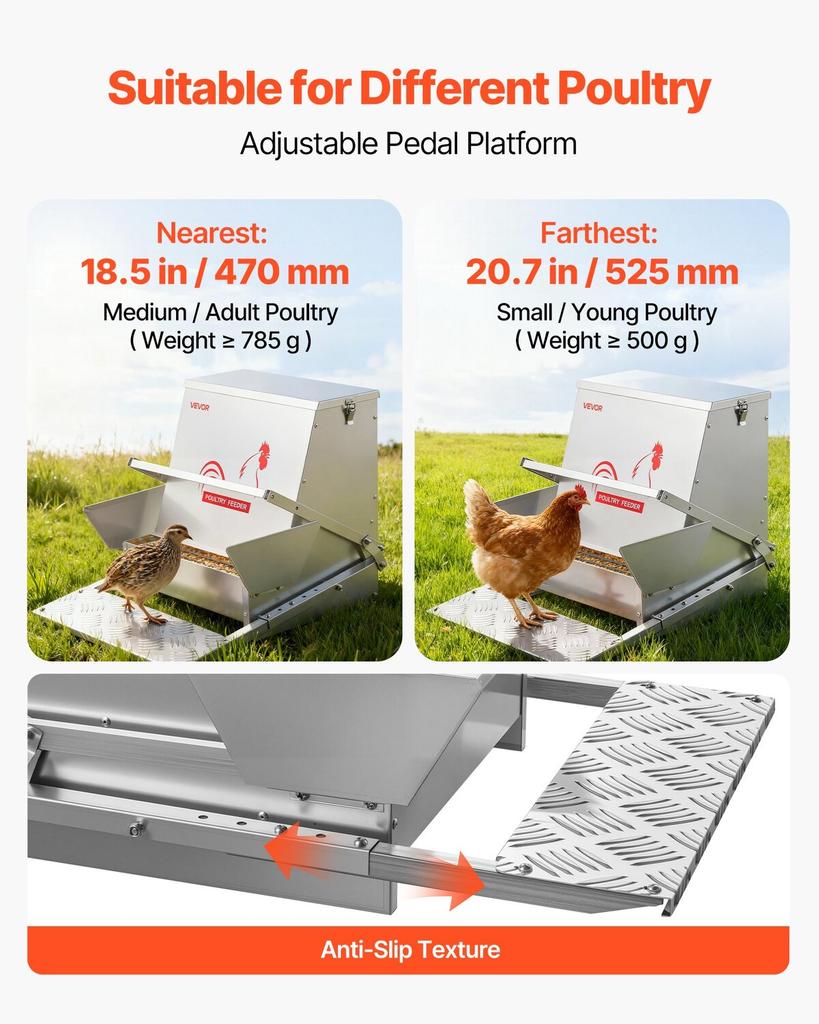 Automatischer Hühnerfutterautomat, Fassungsvermögen 18,14 kg, Regensicherer Trittbrett-Geflügelfutterautomat mit abschließbarem Deckel, Kein Verschütten, Verzinkte Stahlkonstruktion, Für den Außenbereich,