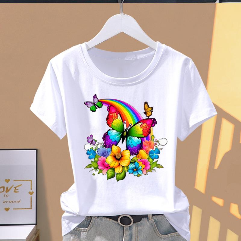 (Asian Size) Short Sleeve T-shirts Women's Top T Clothing Print butterfly style 90s Fashion Female Casual O-neck Graphic Tee