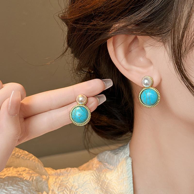 Round synthetic turquoise pearl stud earrings French retro simple fashion earrings niche high-end earrings women