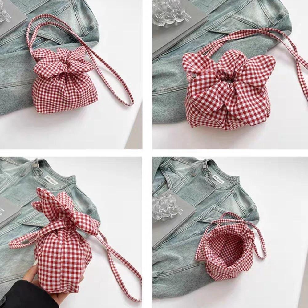 Portable Flower Drawstring Bag Cute Ins Shoulder Bag Literary Plaid Flower Crossbody Bag  Vacation