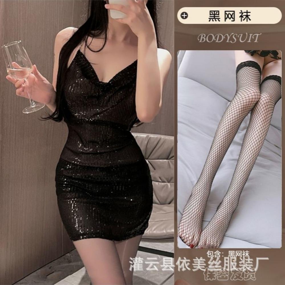 Sex Underwear Women's New Internet Celebrity Split Suspender Skirt Bright Diamond Neck Nightdress Sexy Low Cut Sequins Nightclub Suit