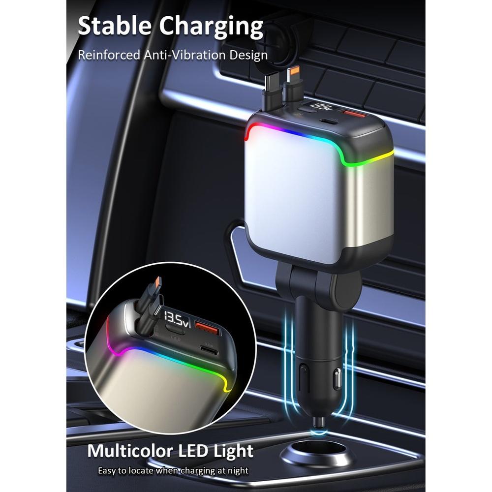 137W Retractable Car Charger for Lighter PD 65W Fast Charging Car Charger 90cm Retractable Lightning and Type-C Cables USB-A and USB-C Port Over-heat