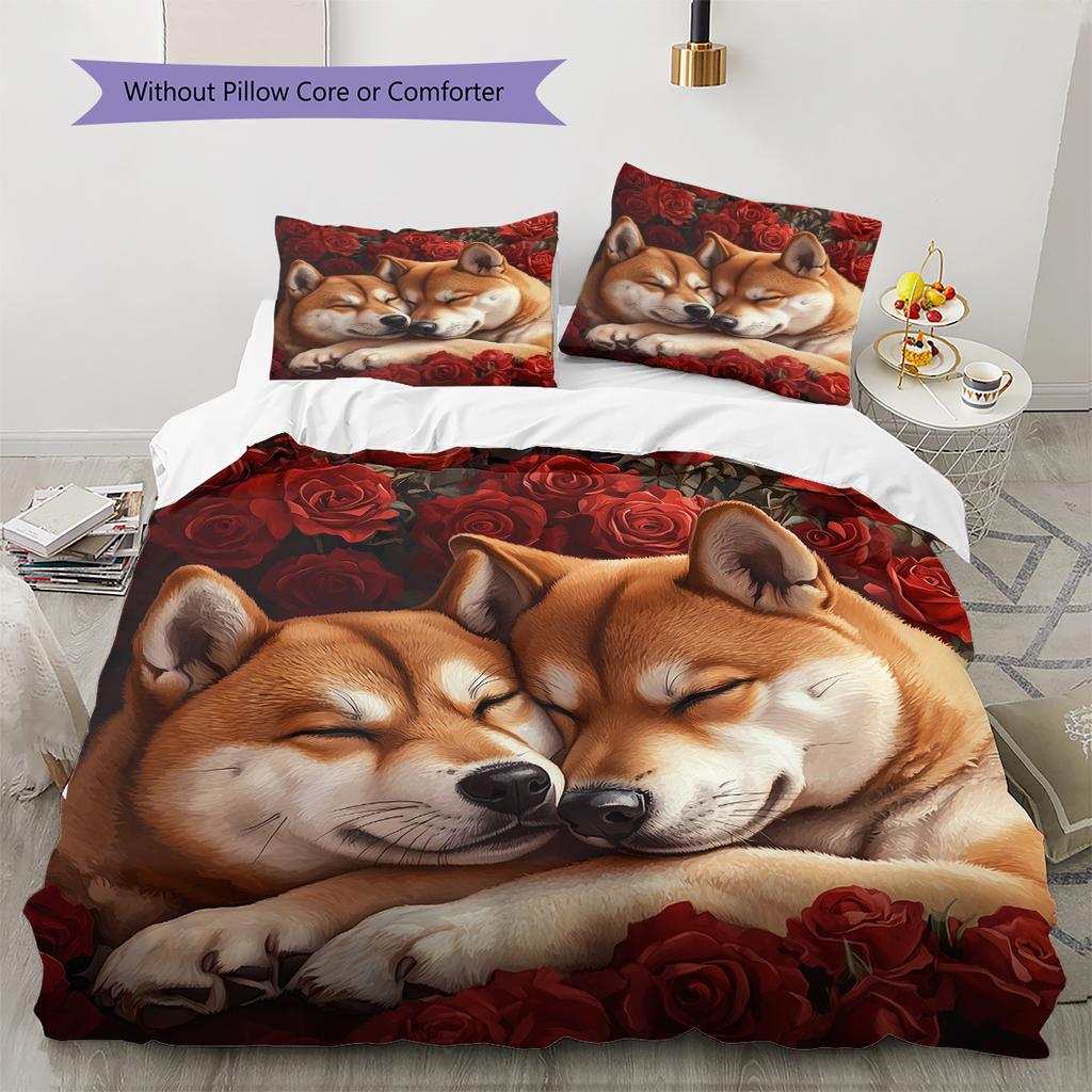 Shiba Inu and Rose Pattern Bedding Home Decoration Birthday Gift (1 * duvet cover + 2 * pillowcase, without core)