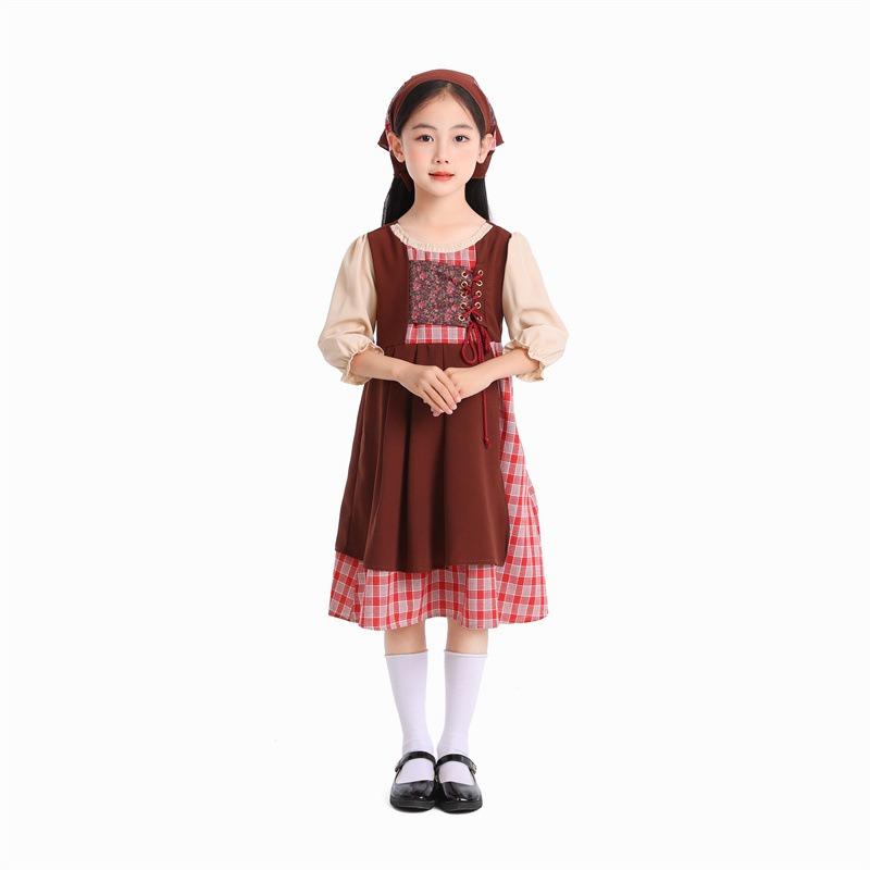 Halloween Children Adult Match Pastoral Checkered Dress Artistic Vintage Linen Fake Two Skirt Performance