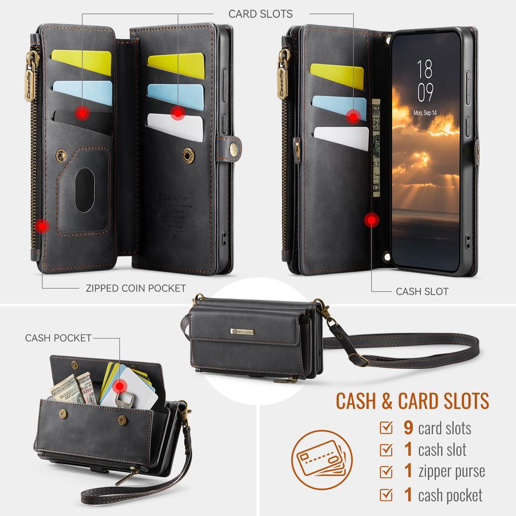 For Samsung Galaxy S25 Case CASEME C39 RFID Blocking Zipper Wallet Stand Leather Cover with Strap