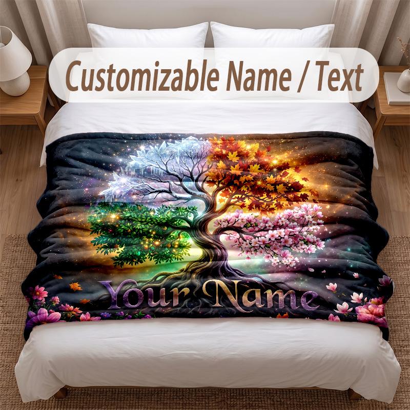 Tree of Life Theme Soft Blanket Personalized Custom Name Text Print Warm Blanket Home Sofa Bedroom Decor