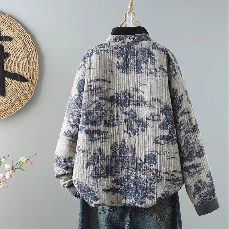 Autumn And Winter Ink Painting Printed Double Yarn Cotton Jacket Women's Stand Collar Long Sleeve Retro Button Quilted Coat A212