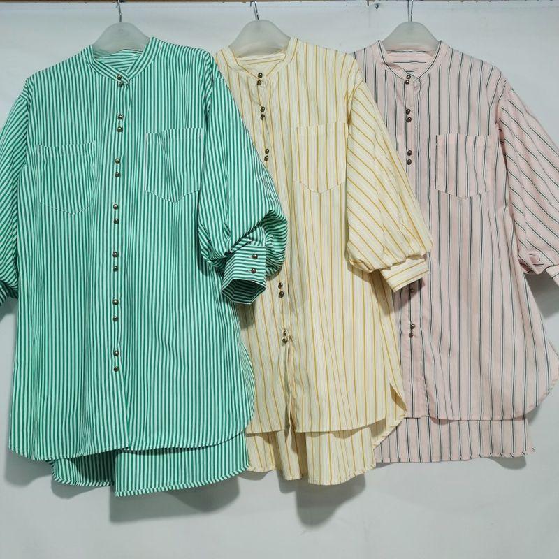 Export Japanese Original Single Cut Label Stand-up Collar Puff Sleeve Half Sleeve Color Stripes Open Shirt Female Mid Length Long Length Lazy