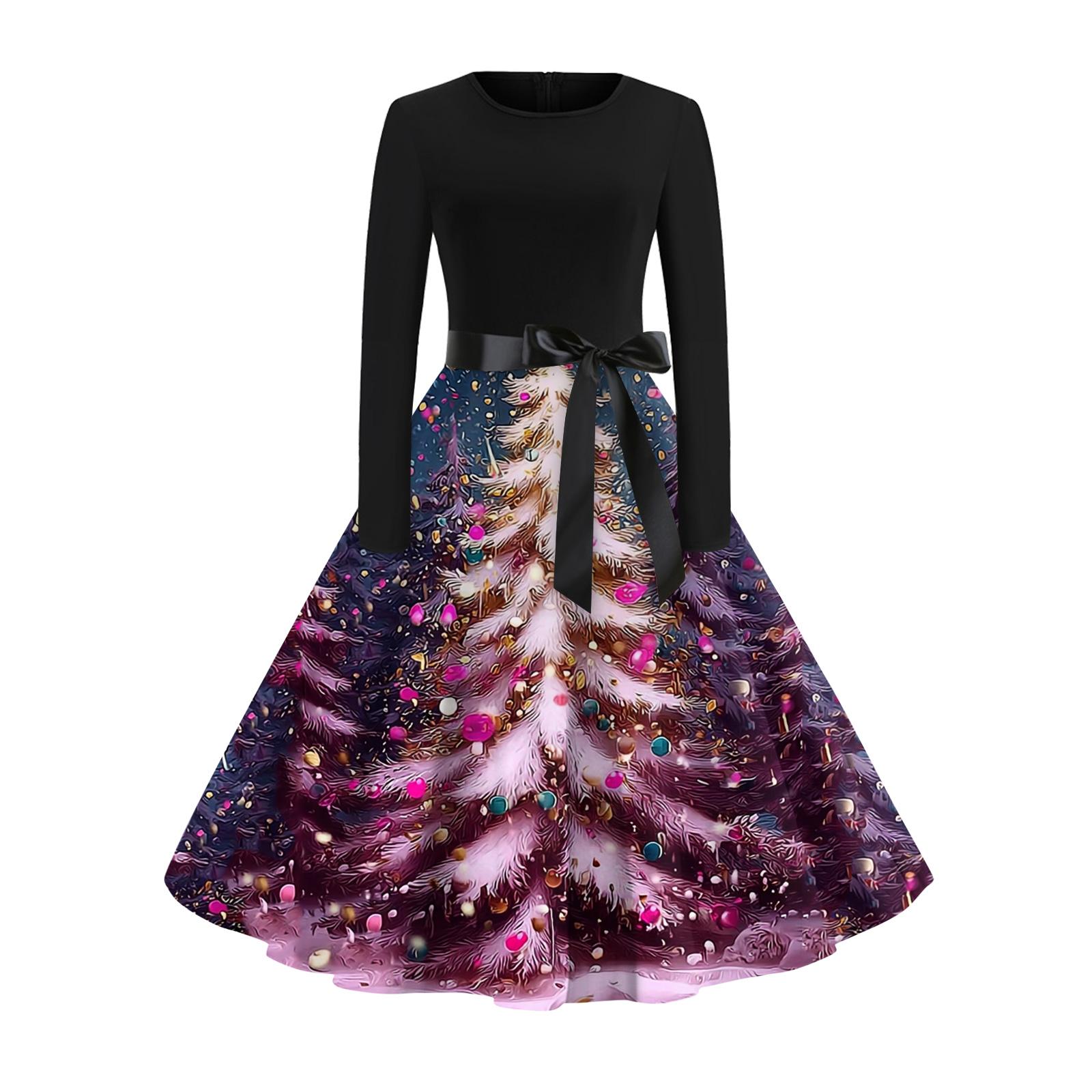 

Женское модное и элегантное осенне-зимнее платье с длинными рукавами и принтом рождественской елки L