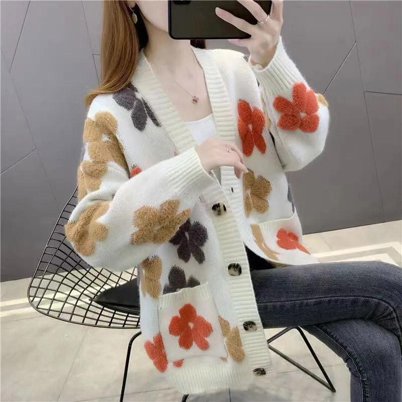 

Женский свитер большого размера, осенний свободный удобный эластичный кардиган с карманами и карманами, повседневная вязаная куртка L белый