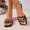 2026 New Fashion Women Slippers Square Toe Chain Slippers Flat Beach Sandals  Metal Decoration Casual Shoes Home Slides Women