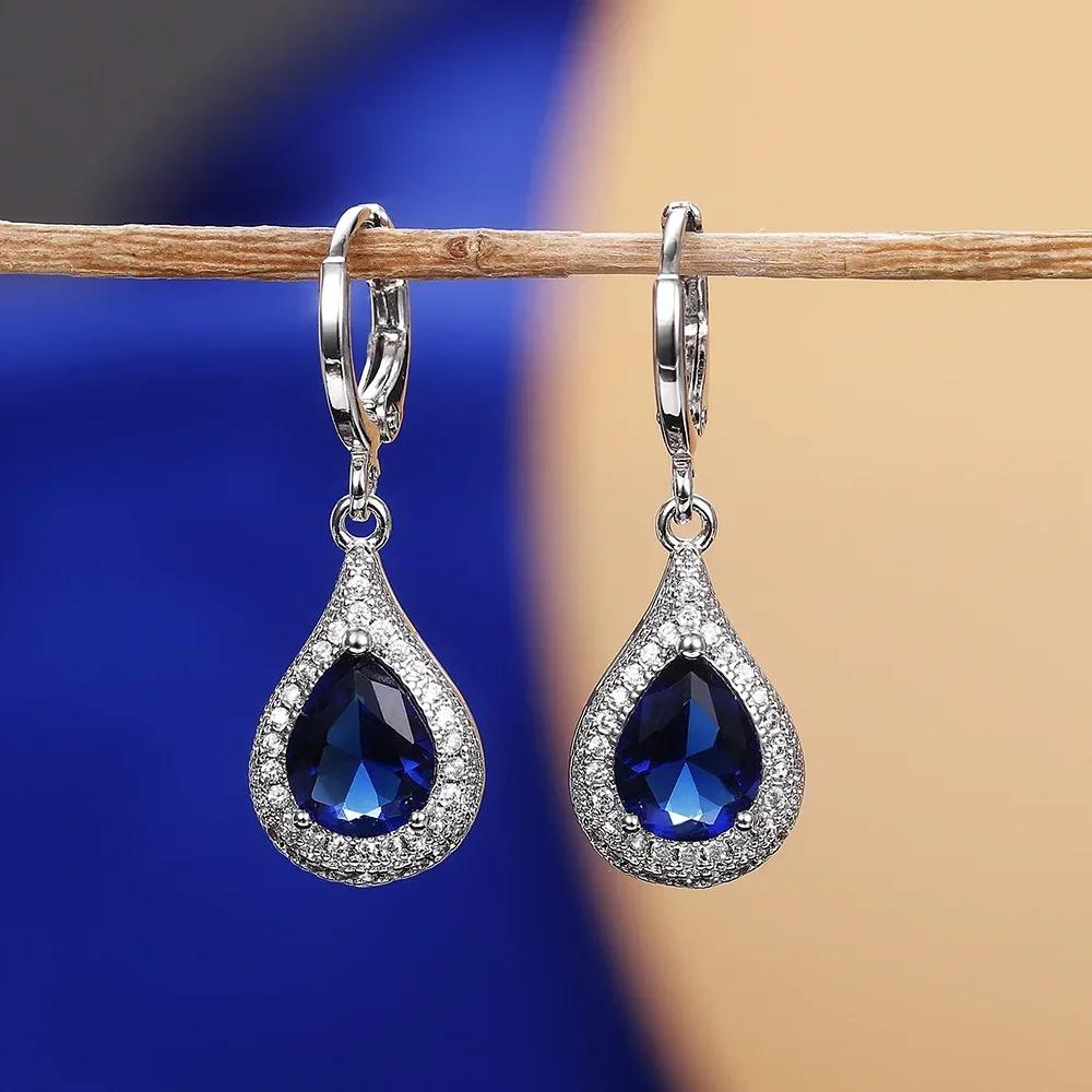 Royal Blue Zircon Oval Earrings Fashionable High-End Design Accessories for Banquets Personalized Simple Zircon