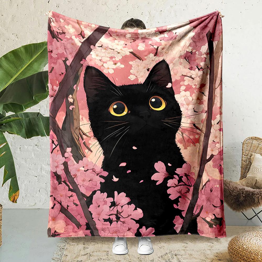 Wide-eyed Black Cat Among Cherry Blossoms Print Blanket Warm Soft Fluffy S Adult Sofa Bed Throw Outdoor Travel Camping RV