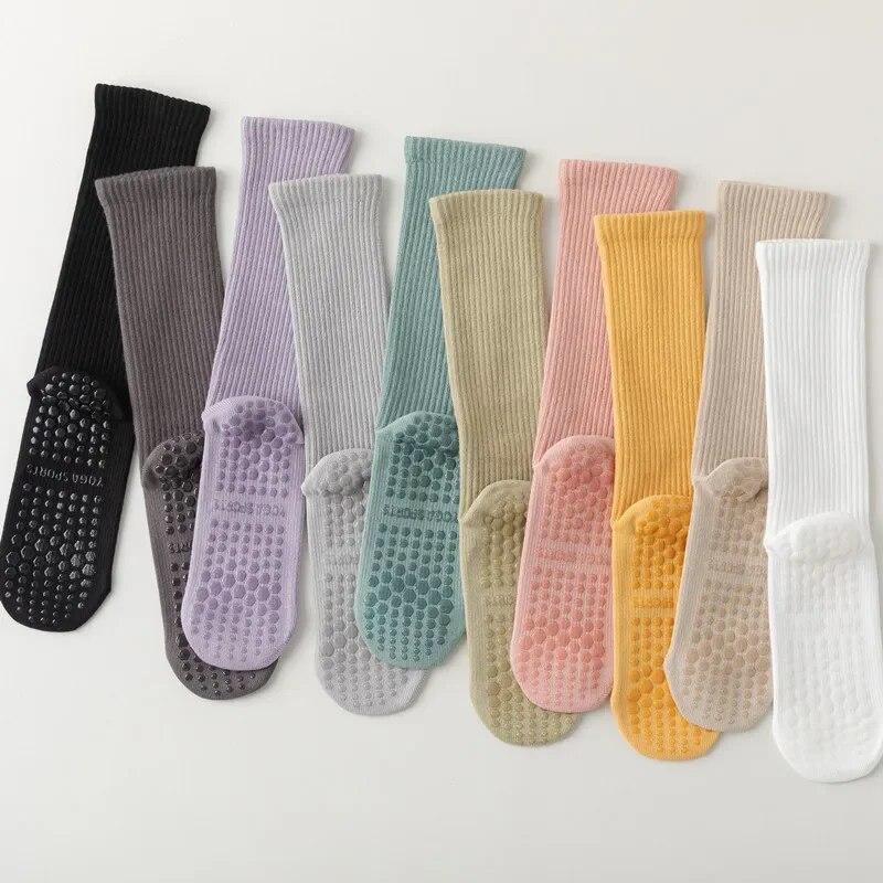 Macaron Striped Simple Cotton Mid-calf Women Yoga Socks Bottom Silicone Non-slip Sports Socks Indoor Dance Fitness Pilates Socks