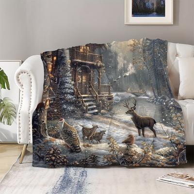 1pc Winter Forest Cabin & Wildlife Throw Blanket - Perfect Christmas & Winter Holiday Decor, Ideal Small Gift for Nature Lovers