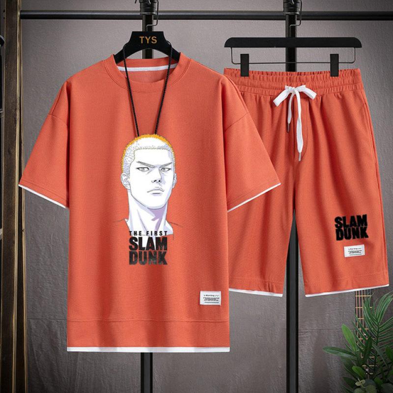 

Летние мужские топы и брюки, комплект из 2 предметов, Повседневная футболка с принтом японского аниме и шорты с коротким рукавом, баскетбольная спортивная одежда 6XL