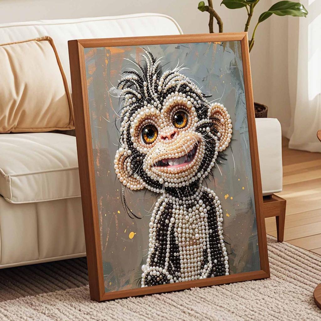 Stretched Frame Pearl Art Kit Cute Monkey Pattern DIY Sparkling Bead Canvas Relaxing Hobby Gift for Handicraft Enthusiasts Home Decor Art