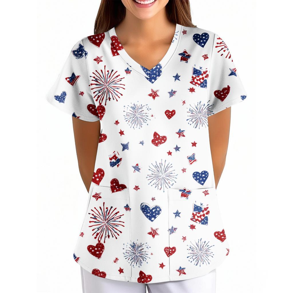 Womens V Neck Short Sleeve Printed Scrub Top Loose Fit with Pocket Comfortable Soft Material for Healthcare Uniforms