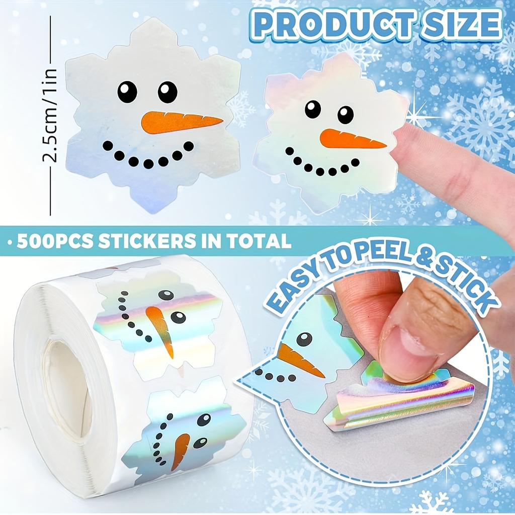 500Pcs per roll Christmas Collection Laser-Cut Snowman Doodle Stickers PVC Self-Adhesive Festive Party DIY Decorative Decals
