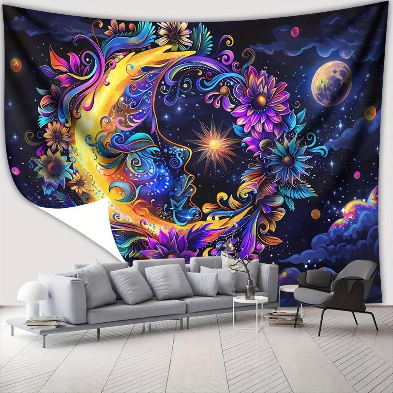 VIKAMA Fantasy Floral Star and Moon Tapestry  Bohemian Style Ideal for Living Rooms Bedrooms and Balconies as Artistic Decor