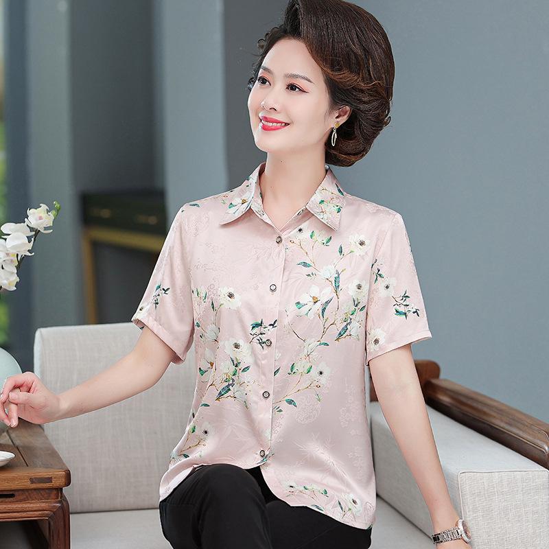 

Elegant Silk Summer Shirt for Women, Ages 50-60: Short-Sleeved, Ideal for Middle-Aged & Elderly XL (recommended 100-110 jin) світло-рожевий колір