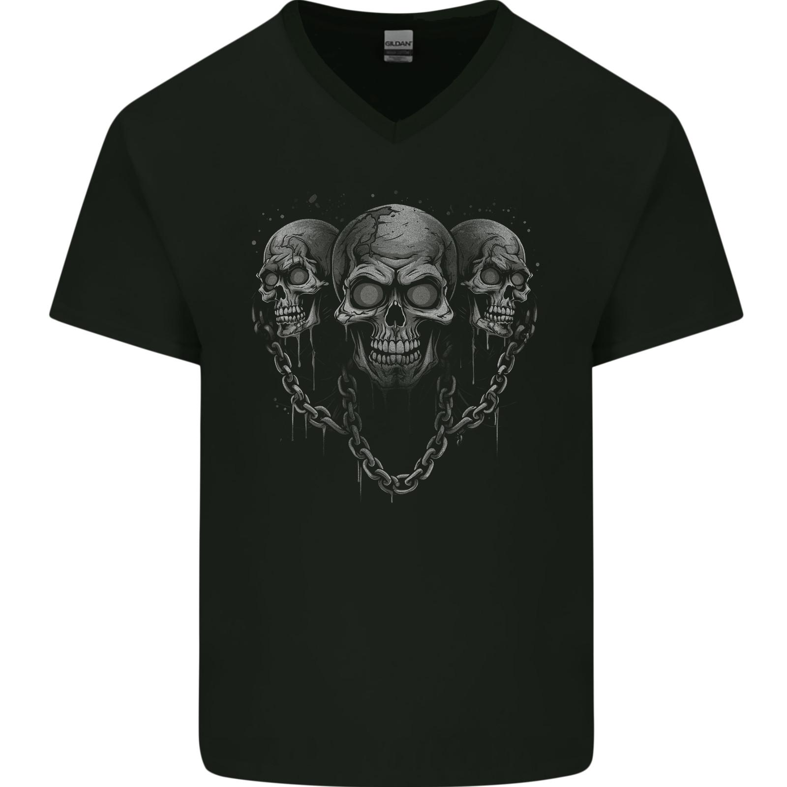 Three Skulls With Chains Heavy Metal Rock Music Mens VNeck Cotton T-shirt S