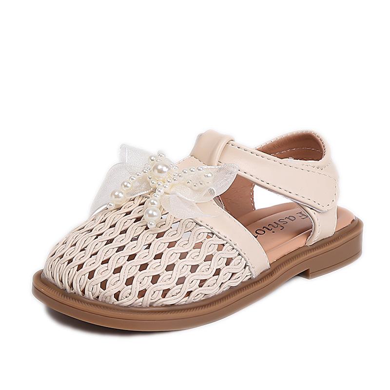 Girls sandals 2025 summer new children's princess shoes girls bag head beach shoes fashion bow woven sandals