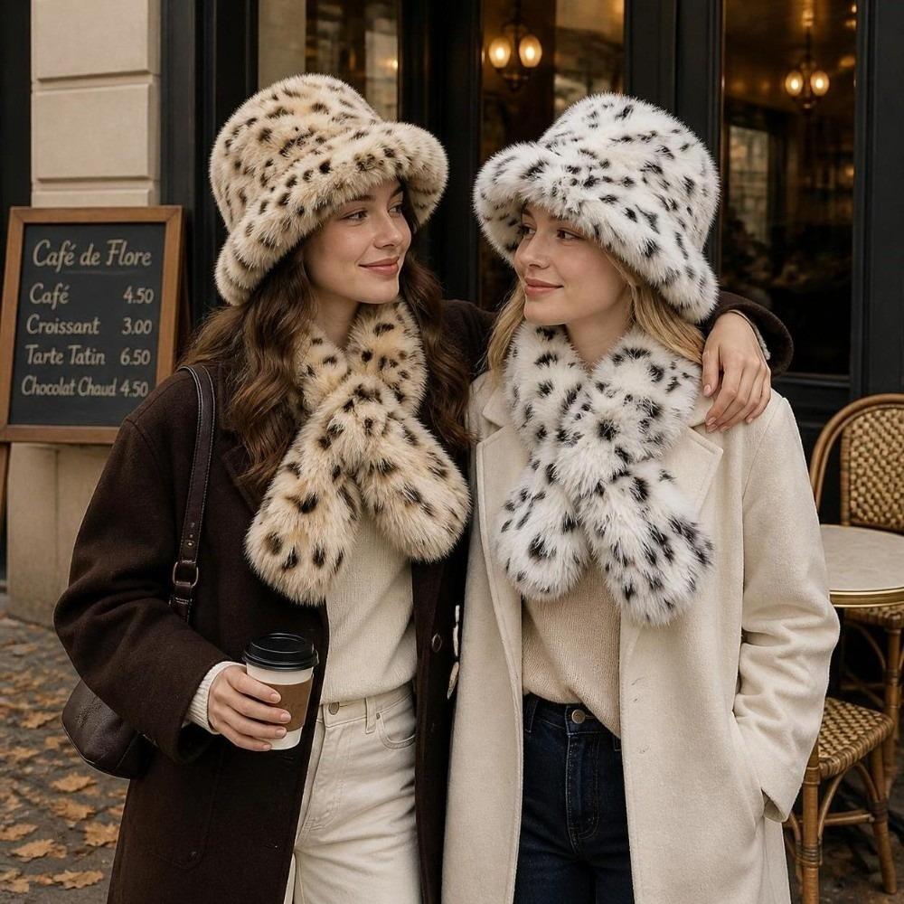 2-Piece Set Rolled Brim Faux Fur Bucket Hat Winter Head Neck Accessories  Cold Weather Outfit