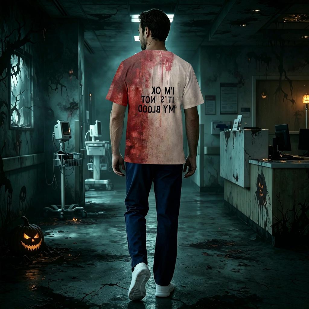 Herren Kurzarm V-Ausschnitt Kasack mit Brusttasche Halloween-Print