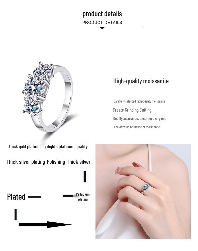 Xin Deyu S925 Sterling Silver Moissanite Three-Stone Ring for Women - European & American Fashion Style