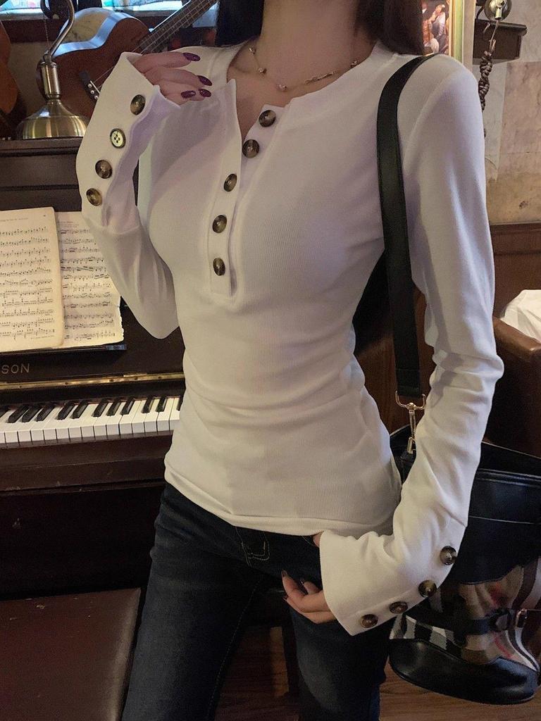 Women's Korean Style Henry Collar Button Long Sleeve Slim Fit T-shirt - Autumn/Winter Waist Cinched Sweet Spicy Girl Top