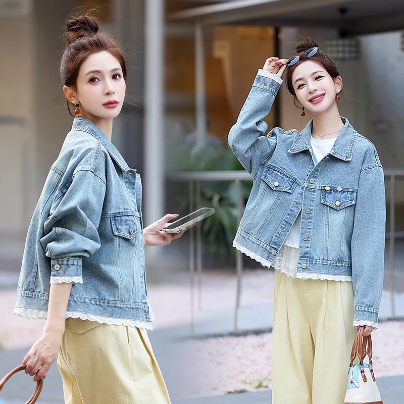 

Женская джинсовая куртка с кружевной отделкой - Мода Весна 2025, Блок цвета, Свободный крой, Повседневный топ с длинным рукавом M (55-60 kg)