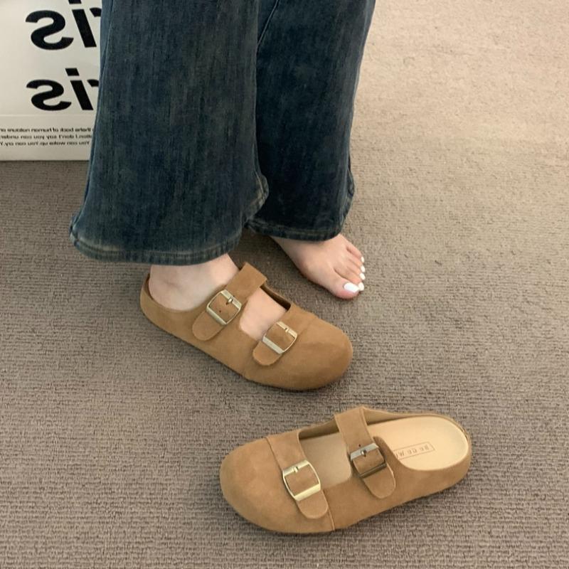 Fashion Baotou Slippers Spring New Round Head Beef Suede Shallow Mouth Metal Buckle Set Foot Soft Sole Non-slip Flat Shoes