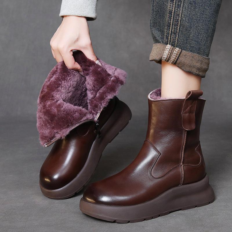 Johnature Genuine Leather Retro Thick Soled Women's Short Boots Versatile Wool Warm Snow Boots