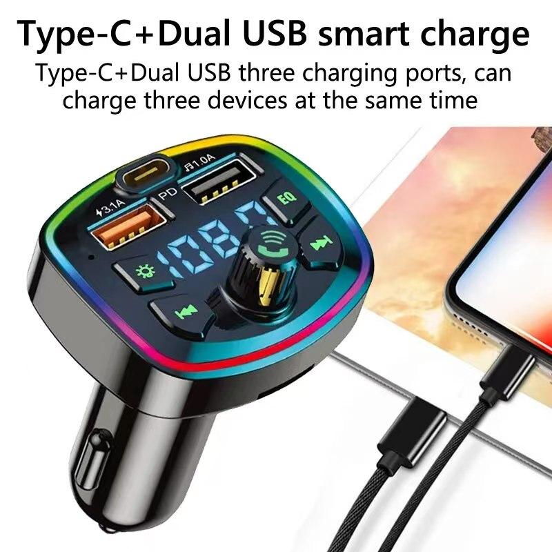 Car Charger FM Transmitter Bluetooth5.0 Hands Free FastCharging True 3.1A Dual USB Port PD MP3 Music TF Card U disk AUX Player