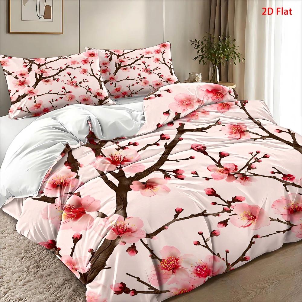 3Pc Cherry Blossom Quilt Cover Set - Nordic Style Bedding Set with Invisible Zipper, Soft Breathable Double Bed Cover