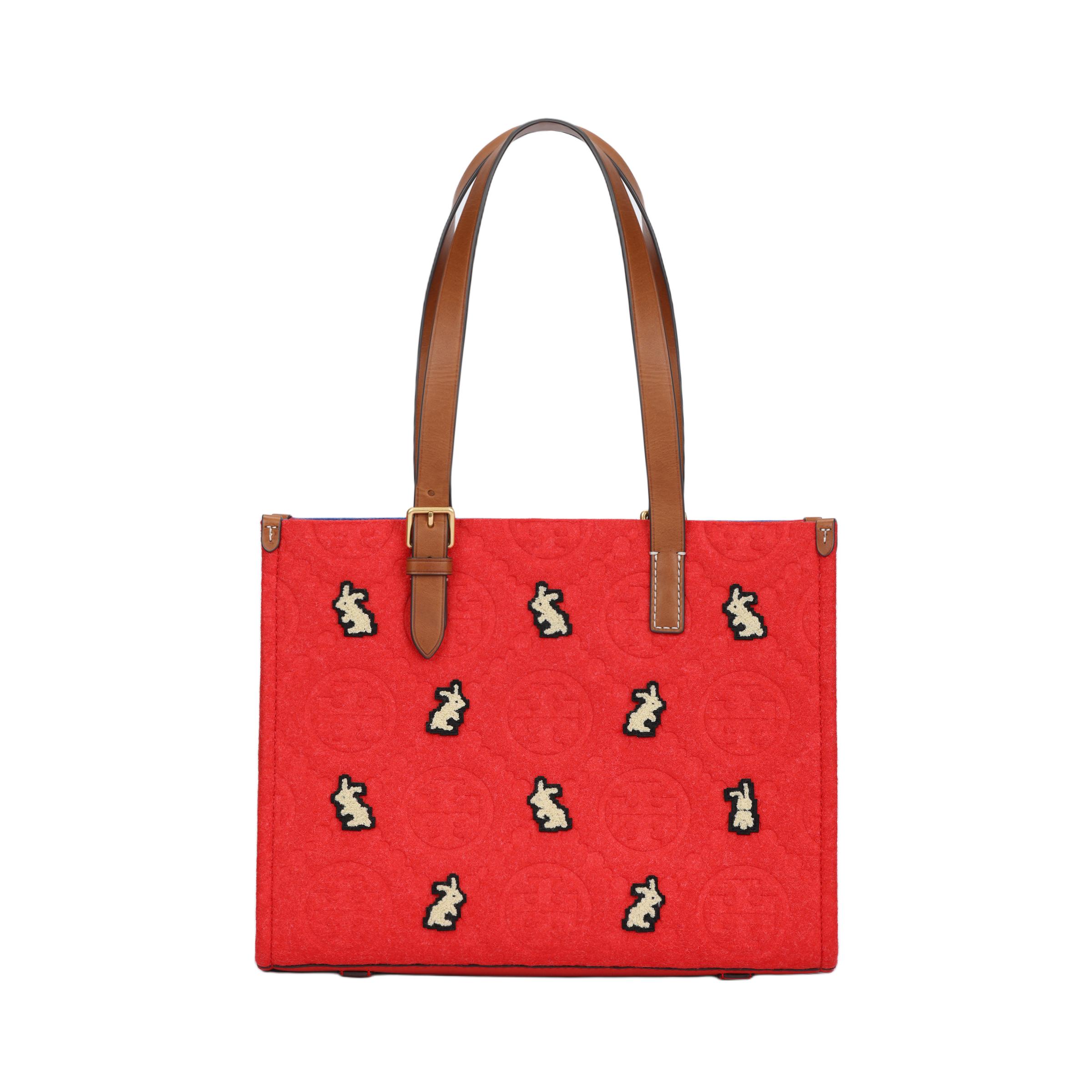 

Tory Burch T Monogram Embroidered Rabbit Pattern Tote Bag Shopping Bag Shoulder Leather Trim Handbag Women tote 143382-601 Basic Set (Bag+Dust Bag)