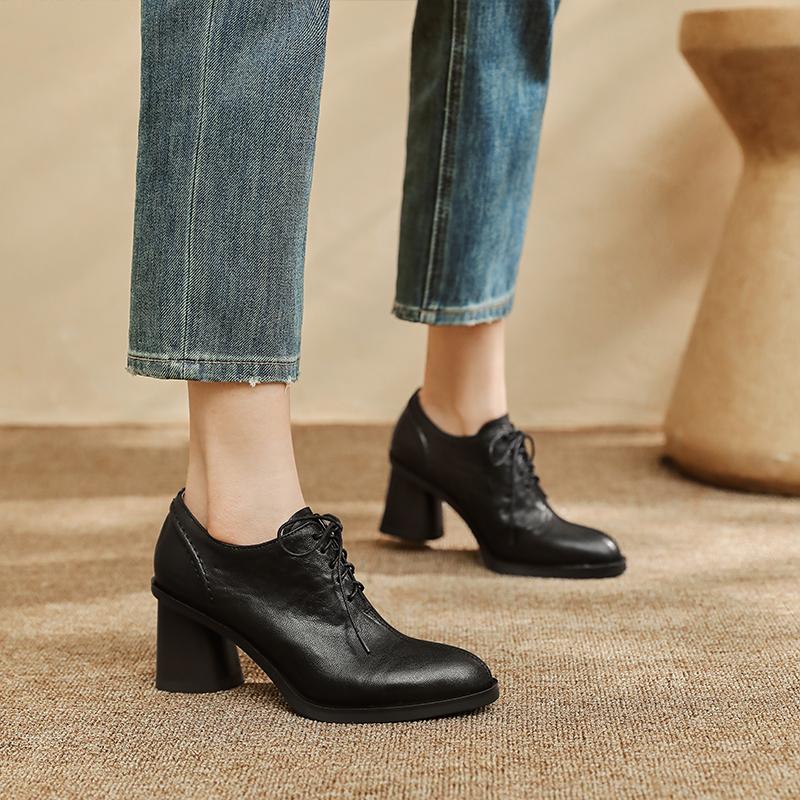 Fashion 2025 New Autumn Women Shoes Round Toe High Heels Genuine Leather Chunky Heel Women Pumps Retro Lace Up Black Shoes for Women