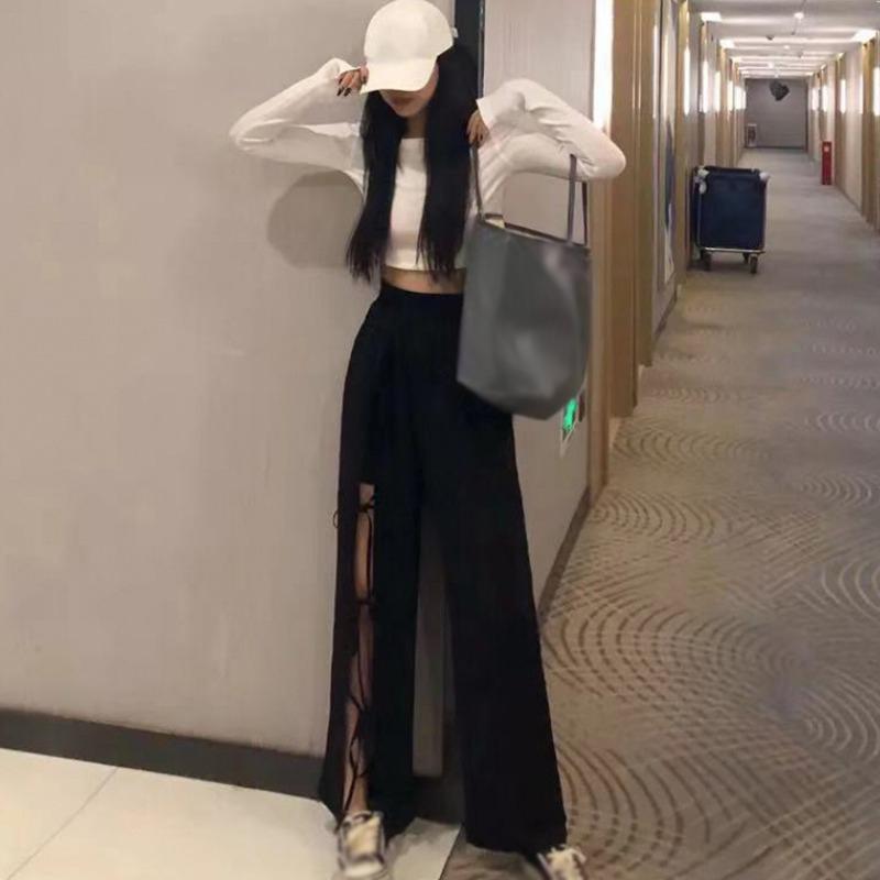 Women Solid Color Wide Leg Loose Elastic High Waist Straight Casual Split Pants