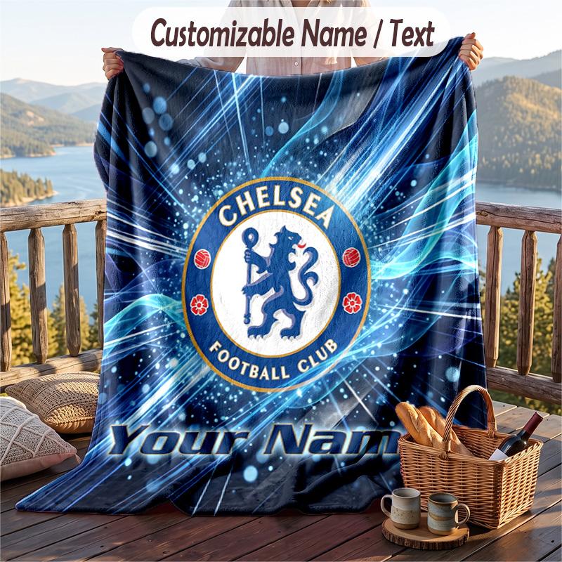 Flannel Blanket Chelsea FC Print Custom Name Text Soft Throw for Sofa Bed