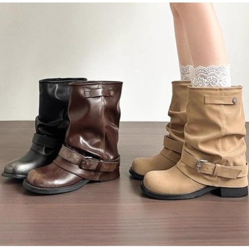 Fashion New Fashion Western Cowboy Boots Women Round Toe Metal Belt Buckle Pleated Stack Vintage Block Heel Shortho Boots Zapatos Mujer