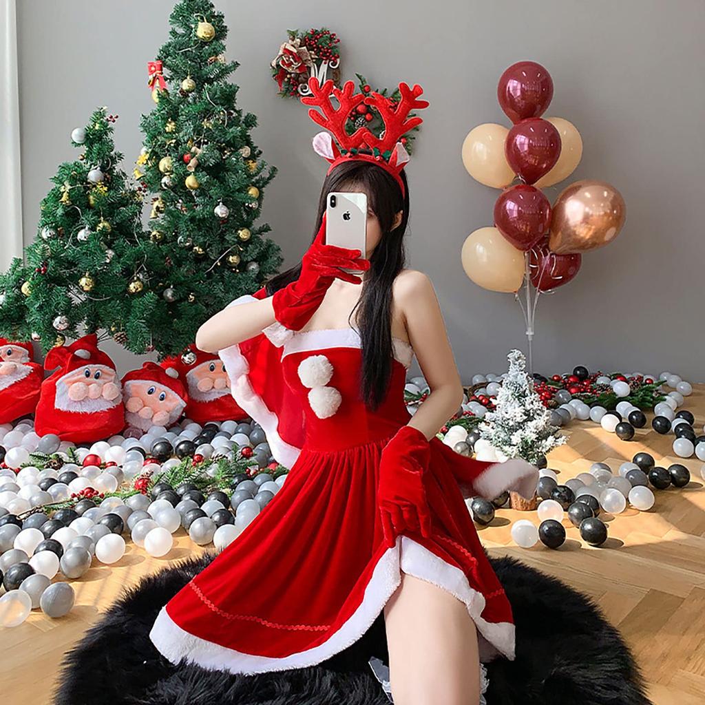 Milky Time Women's Christmas Santa Dress with Reindeer Headband (Red)