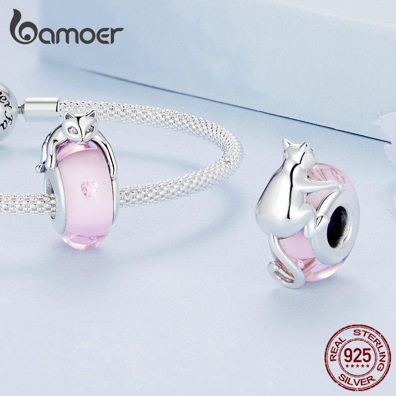 Bamoer 925 Sterling Silver Růžové skleněné korálky Stříbrné kočičí přívěsky Kubické zirkonie pro ženy Originální náramek jemné šperky