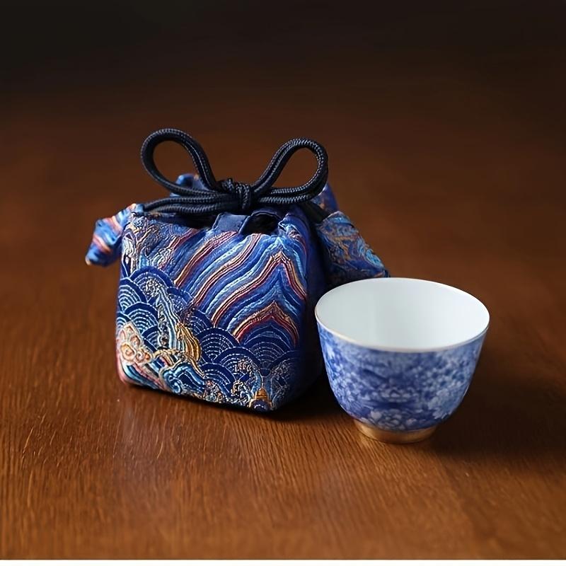 Elegant Chinese Pattern Satin Jacquard Tote Bag - Zen-Inspired, Classic Design with Blue & Golden Floral Print, Perfect for Parties, Business Gifts