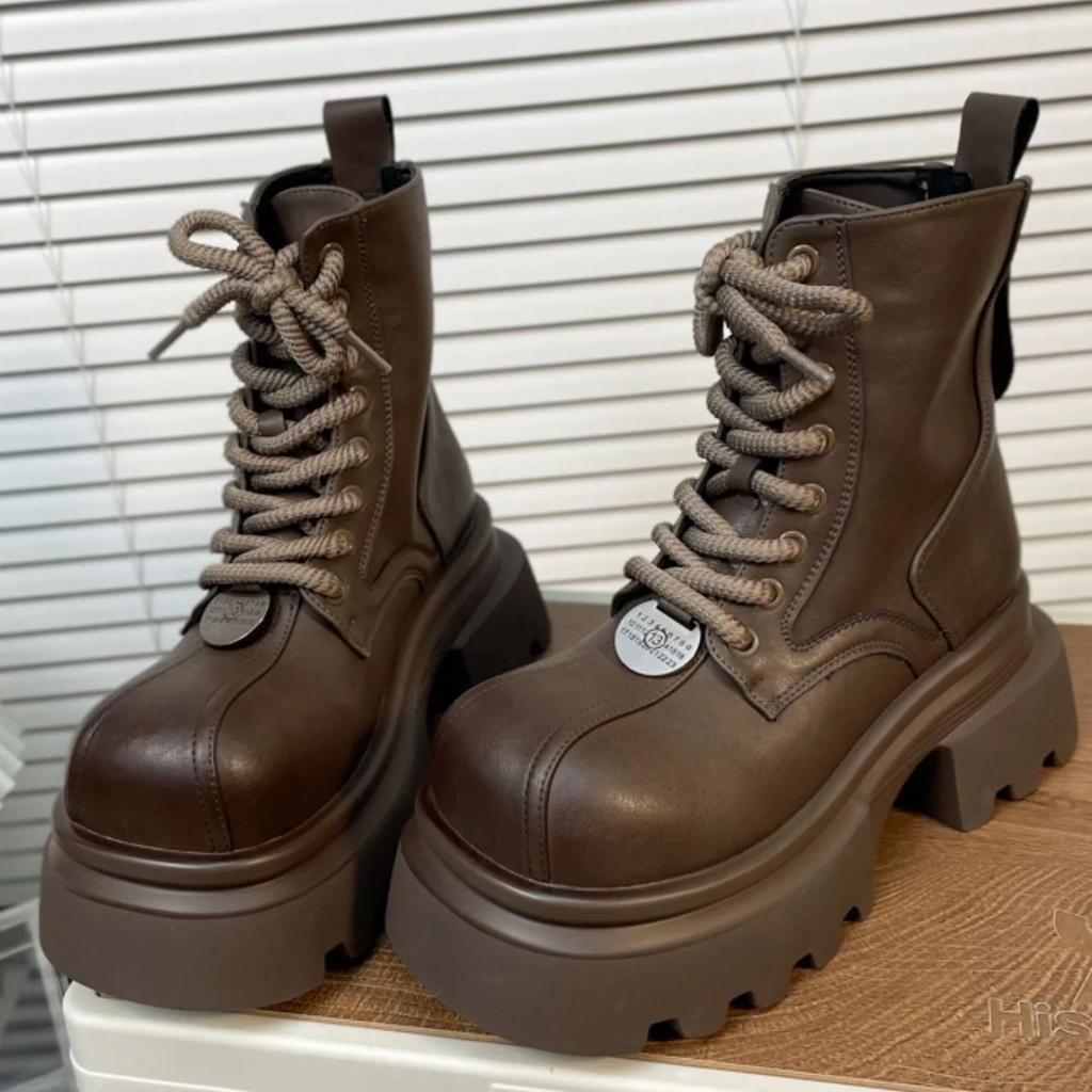 2025 Winter New Thick-Soled Chelsea Boots Black/brown Square Toe Platform Lace-Up Ankle Boots Breathable Punk Style Boot