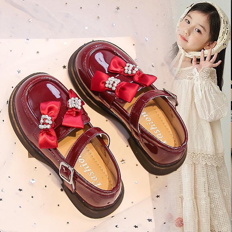 Children's College-Style Leather Shoes2026New Autumn Cute Rhinestone Double Bow Solid Color Fashion Performance Shoes