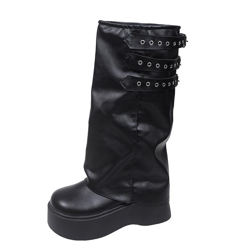 Black High-end Thick-soled Heightening Fashion Boots for Women's 2025 New Summer Thin Styles with Skirts and Thin Long Boots