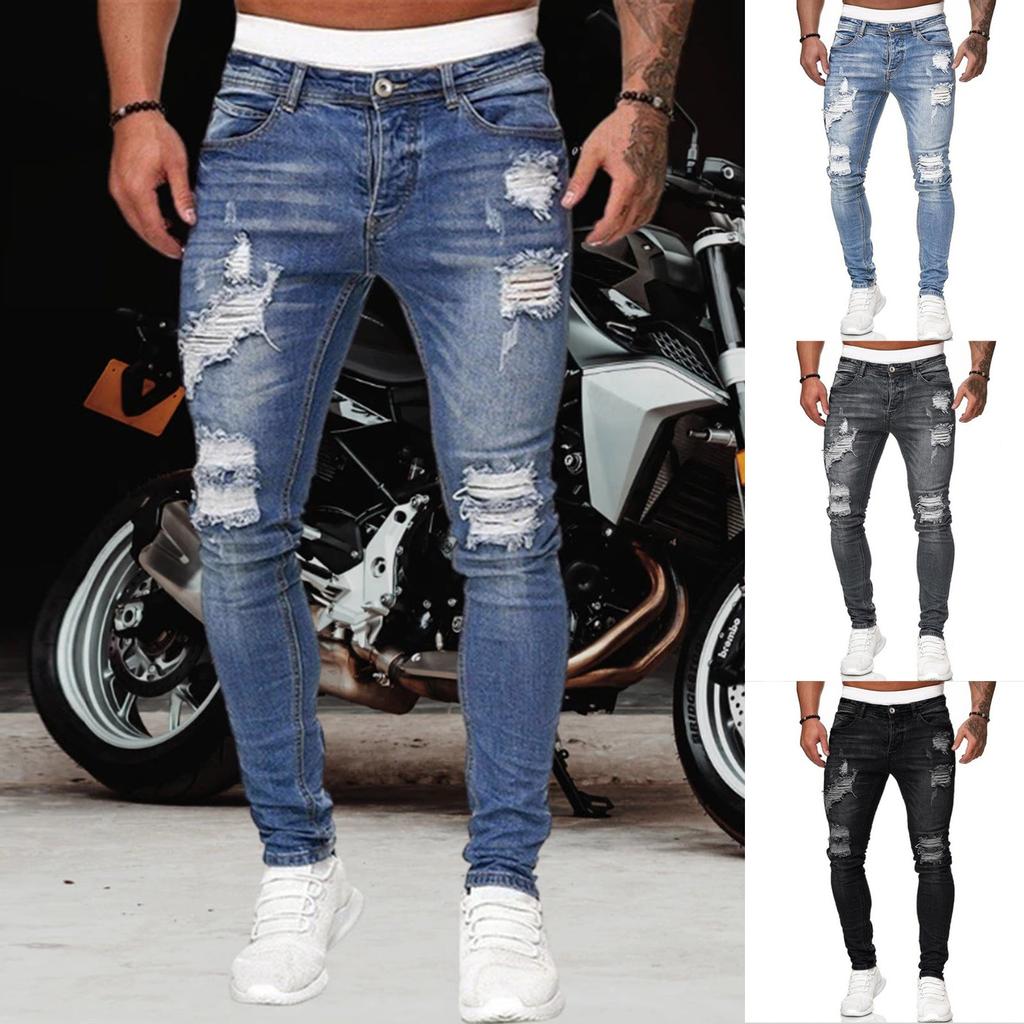Men Jeans Color Ripped Holes Frayed Gradient Washed Trousers