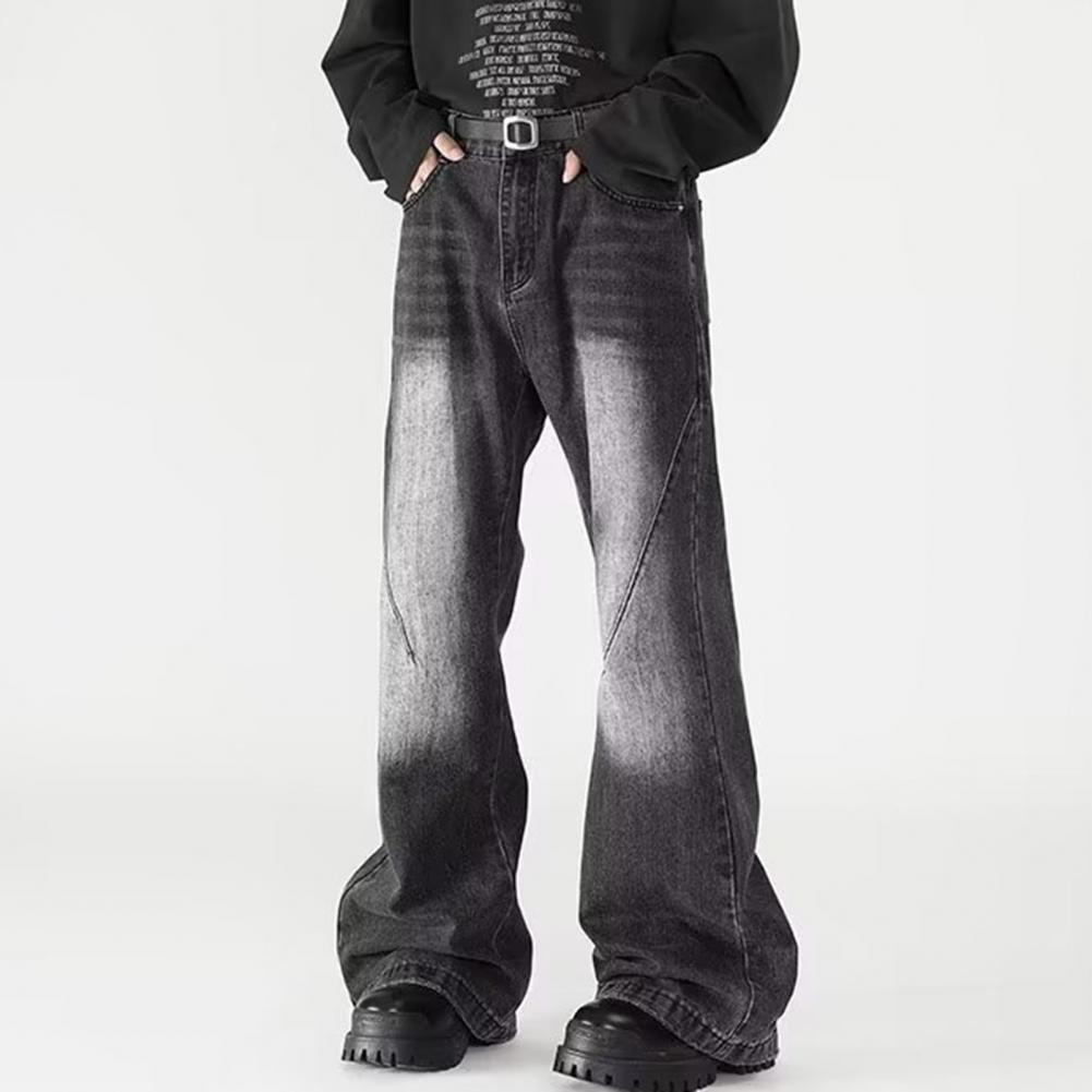 Herren Jeans Retro Gerade Bein Denim Hose mit Taschen Verwaschener Knopf Reißverschluss Hosenschlitz Farbverlauf Leicht ausgestellte Hose